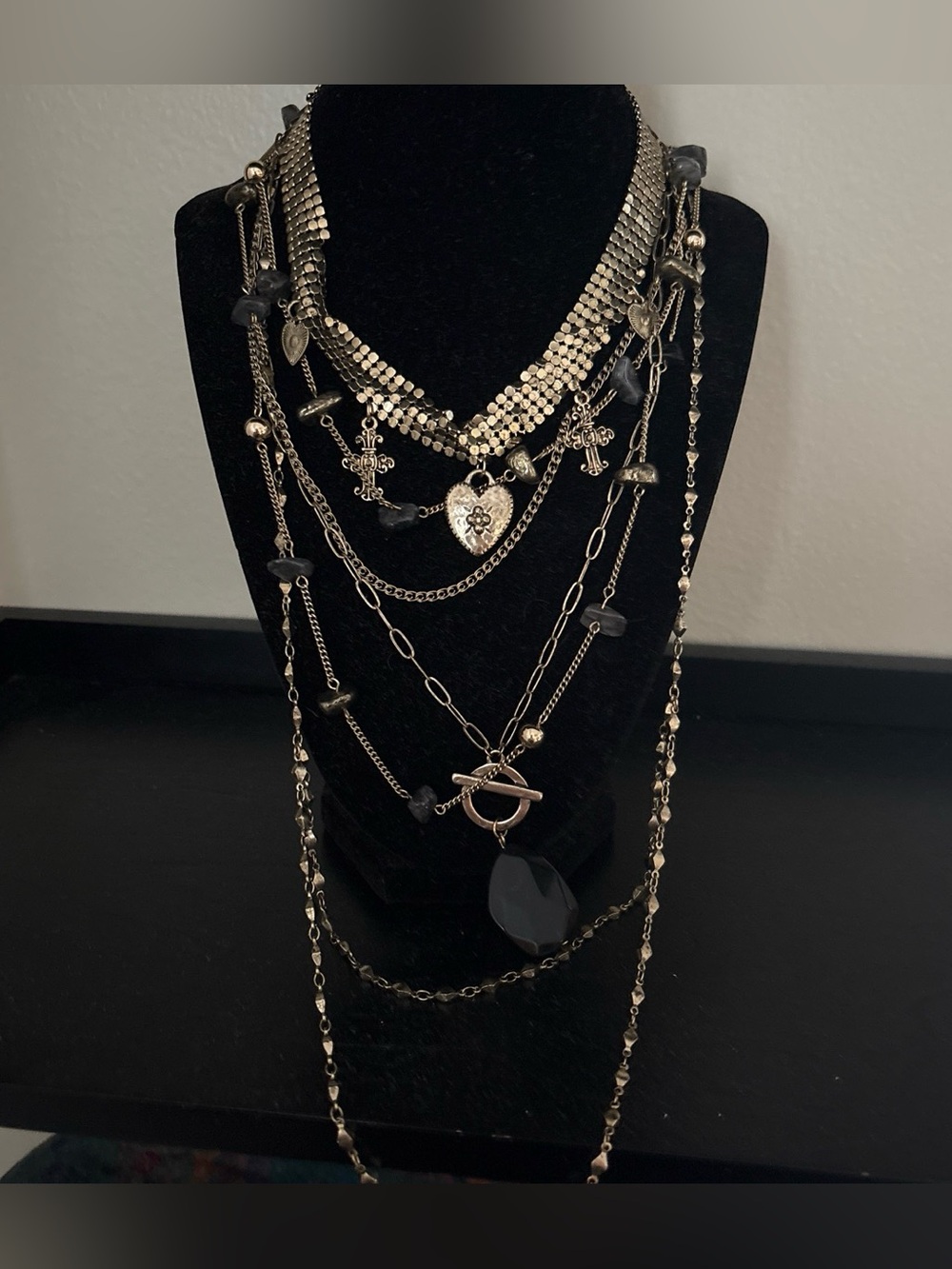Free people gold multi-layered necklace with heart and cross charms and gems NWT - Picture 1 of 3